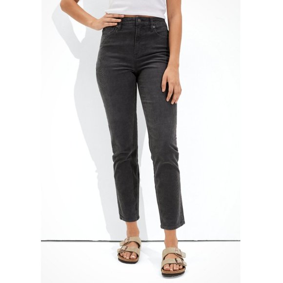 AE Corduroy Mom Jean Dark Grey High Waisted Straight Tapered Stretch Denim Jeans - Picture 12 of 12